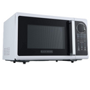 Black+Decker countertop microwave oven with a white body and black door, featuring a digital control panel with multiple preset cooking options, a large handle, and a circular dial for adjustments.