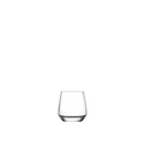 Clear, stemless tumbler glass with a slightly tapered design, ideal for beverages.