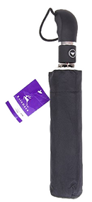 A black, compact, folded umbrella with a curved black handle and a black wrist strap with a button visible on the shaft.