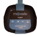 Millvado 11-inch nonstick grill pan from the Rainbow Collection, featuring a black speckled surface with a soft grip riveted handle. The packaging highlights key features such as being PFOA, lead, and cadmium-free, easy to clean, and induction compatible.