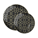 Elegant black dinnerware set featuring two round plastic plates with a gold geometric pattern. Perfect for sophisticated table settings and special occasions.