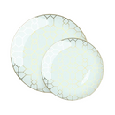 Stack of round mint plastic plates with a decorative gold pattern, shown on a white background.