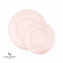 Elegant blush pink dinnerware set from Luxe Party NYC, featuring two translucent plates with a delicate gold rim. Perfect for weddings, celebrations, and upscale dining.