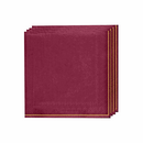 Stack of cranberry red and gold striped guest paper napkins arranged on a white background.