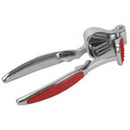 Home Basics Zinc Garlic Press with ergonomic red handles, designed for easy crushing of garlic cloves.