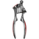 Home Basics Zinc Garlic Press with ergonomic red handles, designed for easy crushing of garlic cloves.