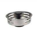 Polished stainless steel sink strainer with small center handle, shown on a white background.