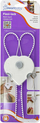 Dreambaby Flexi child safety cabinet locks in white with adjustable straps and a center-button release, displayed on a white background.