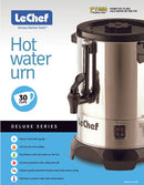 Le Chef 30-Cup electric hot water urn, silver stainless steel with black accents