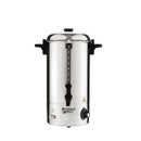 Magic Mill MUR50 stainless steel hot water urn with a polished finish, featuring an adjustable thermostat and spout, designed for 50-cup capacity.