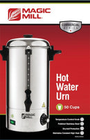 Packaging for Magic Mill MUR50 stainless steel hot water urn with a polished finish, featuring an adjustable thermostat and spout, designed for 50-cup capacity.