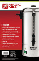 Packaging for Magic Mill MUR50 stainless steel hot water urn with a polished finish, featuring an adjustable thermostat and spout, designed for 50-cup capacity.