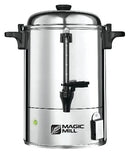 Stainless steel hot water urn with spout and handles, labeled Magic Mill, designed to serve up to 35 cups of hot water.