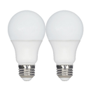 A pair of white Satco S11434 9.8-watt LED A19 bulbs with medium (E26) bases, producing a warm 2700K light.