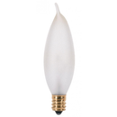 Frosted white flame tip shaped light bulb with a brass-colored candelabra base, 25 watts.