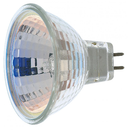 Reflector halogen light bulb with bi-pin base and textured glass surface.