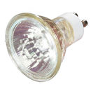 A clear glass MR16 halogen light bulb with a multifaceted reflector and two small metal pins extending from a white base.