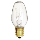 Clear C7 incandescent bulbs with candelabra base on a white background, each 7W and 120V