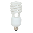 White spiral compact fluorescent light bulb (CFL) with an E26 medium base.