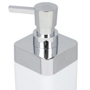 Bathroom or kitchen soap dispenser with a 10 oz capacity, in a stylish white and chrome finish, by Home Basics Skylar.
