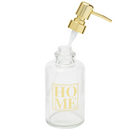 Clear Glass "HOME" Soap Dispenser with Gold Pump (open, filling).