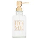 Clear Glass "HOME" Soap Dispenser with Gold Pump (closed).