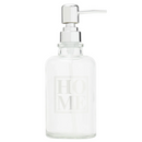 Clear Glass "HOME" Soap Dispenser with Silver Pump (closed).