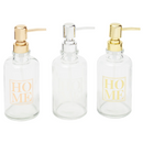 Clear Glass Soap Dispensers with Gold and Silver Pumps - Set of 3, featuring "HOME" text on two