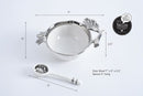 Dimensions for Silver pomegranate-themed bowl and spoon set with titanium finish, elegantly displayed on a white background.