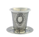 Silver-plated Kiddush cup with matching saucer in a nickel finish, displayed on a white background.