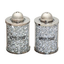 Crystal salt and pepper holders with silver stone accents on a white background.