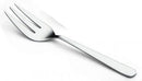 Set of four stainless steel serving forks arranged in a fan shape on a white background.