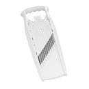 A white mandoline slicer with a large metal blade angled across its surface. The top has a handle with the word "Borner" embossed on it. The slicer tapers slightly towards the bottom. The background is white.