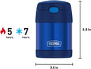 THERMOS FUNTAINER 10-ounce navy kids food jar with push-button lid and foldable spoon, displayed with dimensions on a white background.
