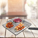 Silver Yukon Glory BBQ 'N Serve 3-Section BBQ Grill Basket with a detachable black handle, designed to keep foods separate while grilling.