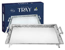 Ner Mitzvah large silver plated menorah tray with handles and mirrored surface, shown on a white background.