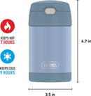 THERMOS FUNTAINER 16-ounce denim blue insulated stainless steel kids food jar with foldable spoon, shown with dimensions on a white background.