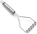 Stainless steel Kuhn Rikon potato masher with a sealed barrel handle and zigzag mashing head, shown on a white background.