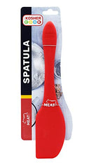 Red silicone spatula from The Kosher Cook, clearly marked "MEAT" for kosher kitchens, shown in retail packaging.