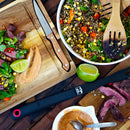 Yukon Glory Premium 100% Acacia Steak Board with Juice Groove, Steak Knife, and Condiment Cups