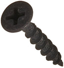 A close-up of a Kettleandcords black drywall screw, featuring a Phillips drive and a bugle head. The coarse threads are prominently visible, showcasing its helical shape and sharp tip against a plain white background.
