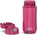 THERMOS FUNTAINER 16oz raspberry-colored plastic hydration bottle with flip-up spout and foldable carry handle on white background.