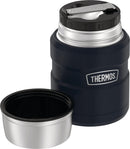 Midnight blue THERMOS 16-ounce insulated food jar with folding spoon and lid that doubles as a serving bowl, shown on a white background.