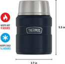 Midnight blue THERMOS 16-ounce insulated food jar with folding spoon and lid that doubles as a serving bowl, shown with dimensions on a white background.