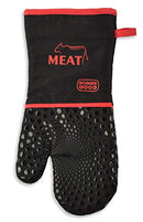 A black oven mitt with red trim labeled for meat use, featuring a quilted design and silicone grip, shown on a white background.