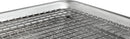 Closeup of a stainless steel 12" x 17" cooling and baking rack with a cross-wire grid and six supporting feet shown on a white background.
