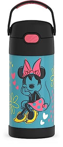 Minnie Mouse themed 12oz Thermos FUNtainer water bottle with wide spout lid and integrated soft-touch carry handle on a white background.