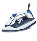 White Hamilton Beach steam iron with stainless steel soleplate and 10-foot cord, shown on a white background.