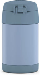 THERMOS FUNTAINER 16-ounce denim blue insulated stainless steel kids food jar with foldable spoon, shown on a white background.