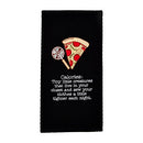 A black Mud Pie Circa Kitchen waffle weave towel featuring an embroidered illustration of a pizza slice with toppings and a pizza cutter. Below the image is white embroidered text that reads: "Calories: Tiny little creatures that live in your closet and sew your clothes a little tighter each night."